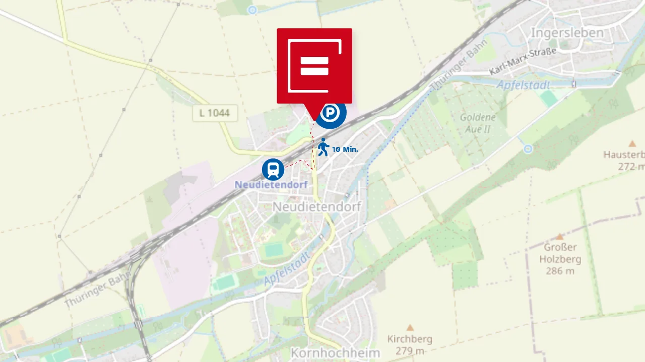 Karte von Neudietendorf mit markiertem Standort Parisat Thüringen nördlich des Bahnhofs, inklusive 10-Minuten-Fußweg und eingezeichneten Parkplätzen.